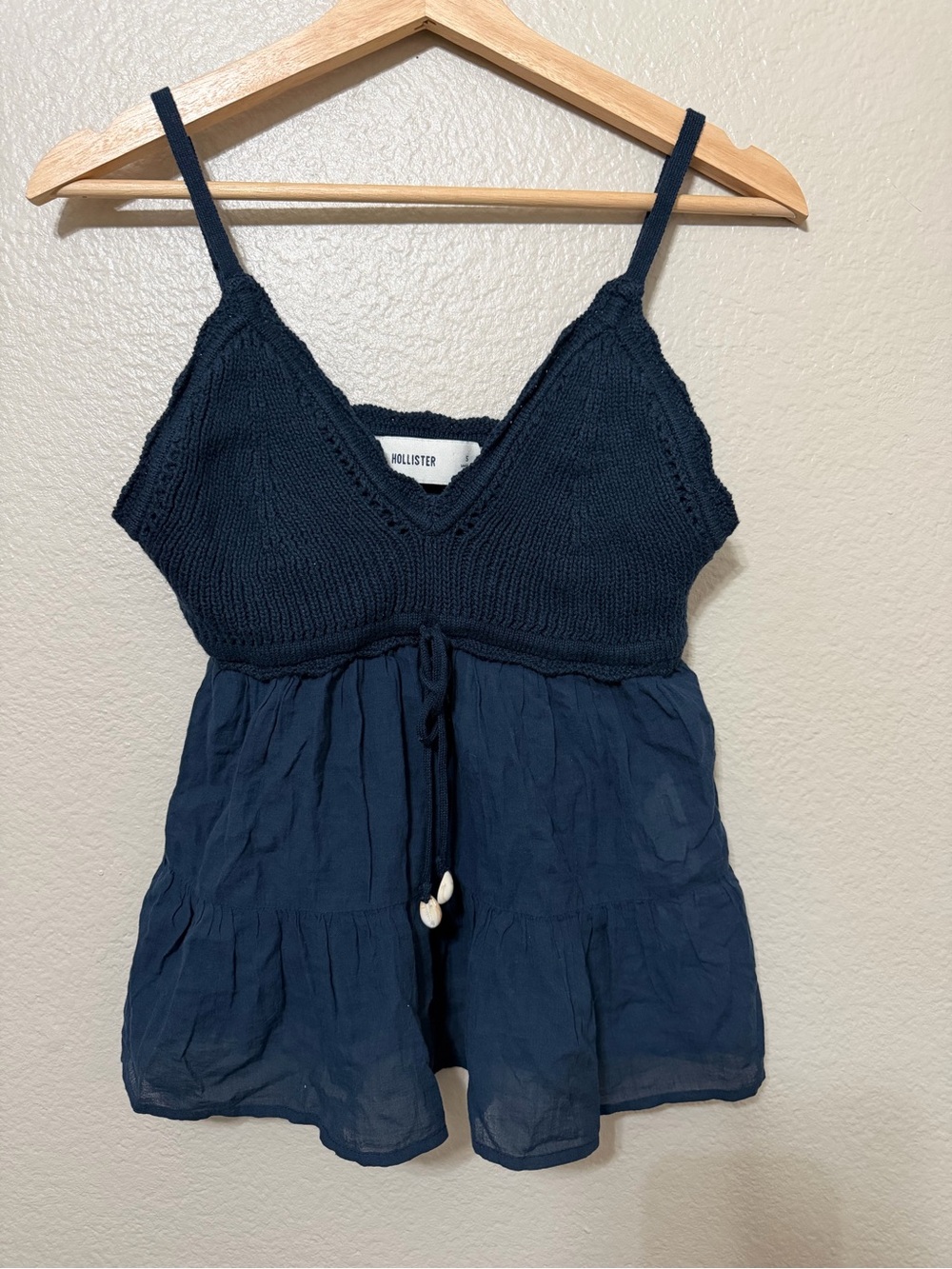 NWT Hollister Navy Knit Crochet Camisole with Drawstring Babydoll Beach Boho S